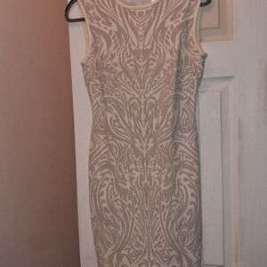 Cache Silver and White Patterned Midi Dress